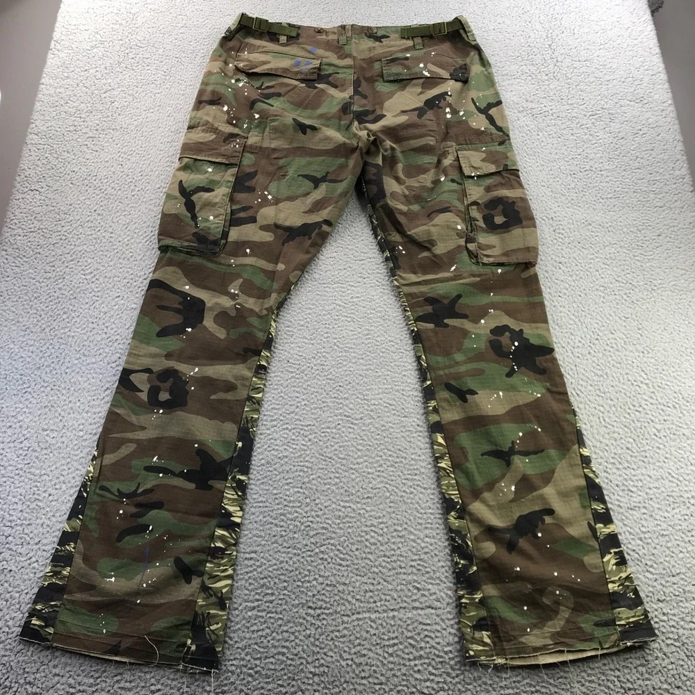 Mnml Pant Men 38x36 Green Cargo Bootcut Flare Paint Splatter Military Stacked